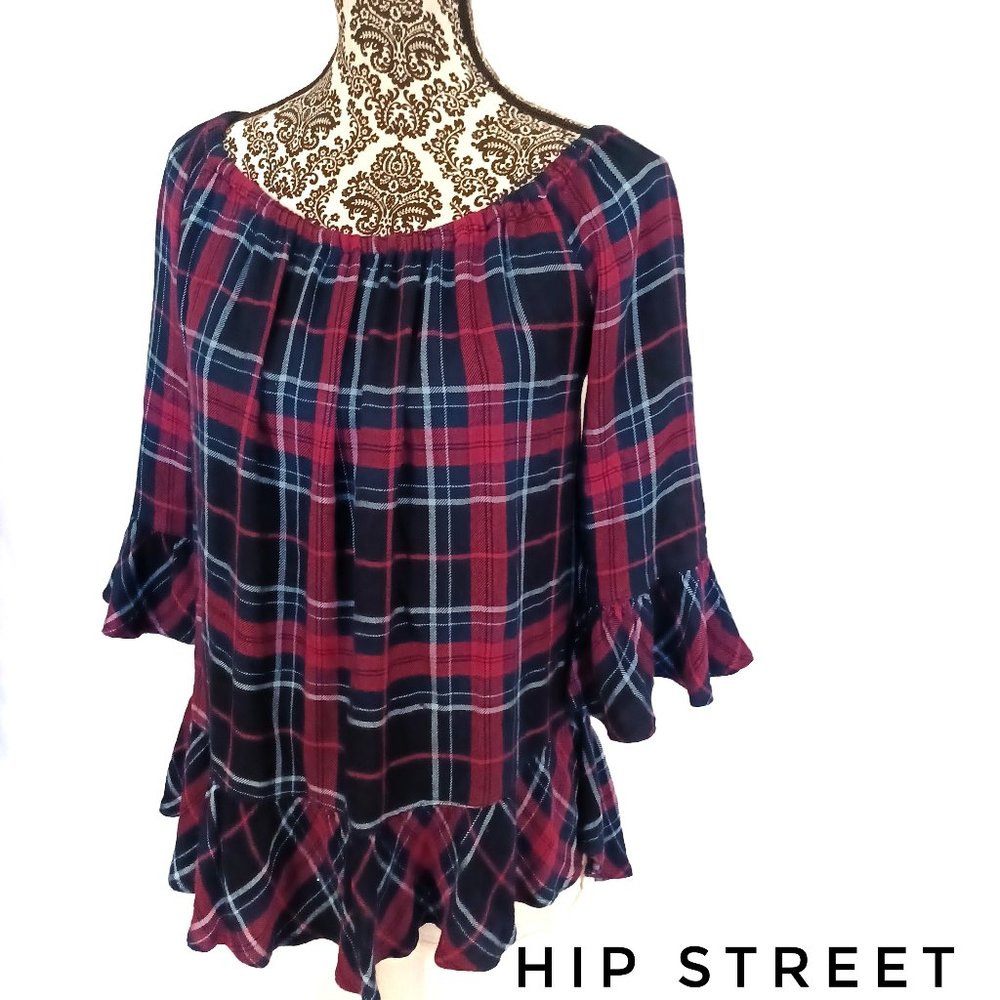 BEACHLUNCHLOUNGE Rayon Flannel Plaid Ruffle Edge Loose High Low Blouse M